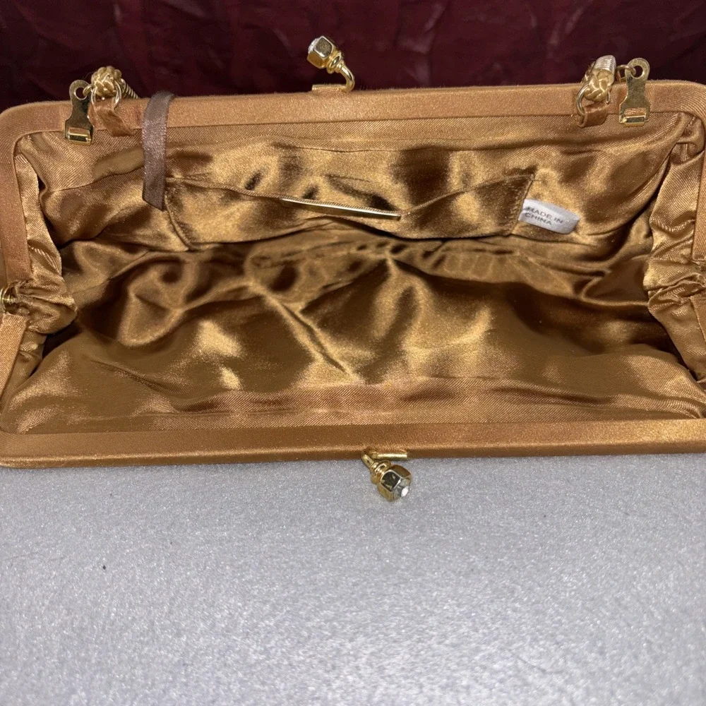 Valerie Stevens Gold Satin Duel Strap Clutch Purse Bow Rhinestone Kiss Lock EUC